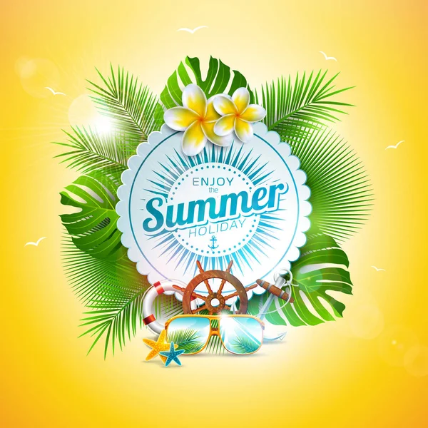 Vektor Sommerurlaub Illustration mit Typografie Brief und tropischen Blättern auf gelbem Hintergrund. exotische Pflanzen, Blumen, Sonnenbrillen und Schiffslenkrad für Banner, Flyer, Einladung, Broschüre — Stockvektor