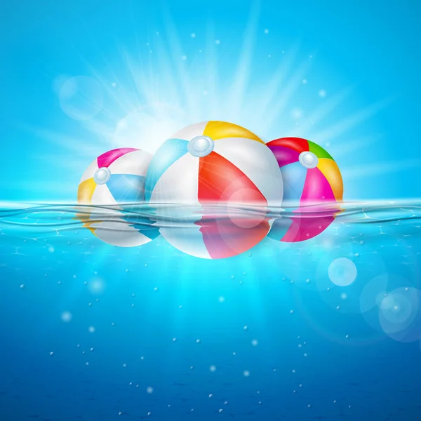 水中ブルーオーシャンの背景にカラフルなビーチボールとベクトル夏のイラスト。バナー、チラシ、招待状、パンフレット、ポスターやグリーティングカードのための現実的な夏休みの休日のデザイン. — ストックベクタ