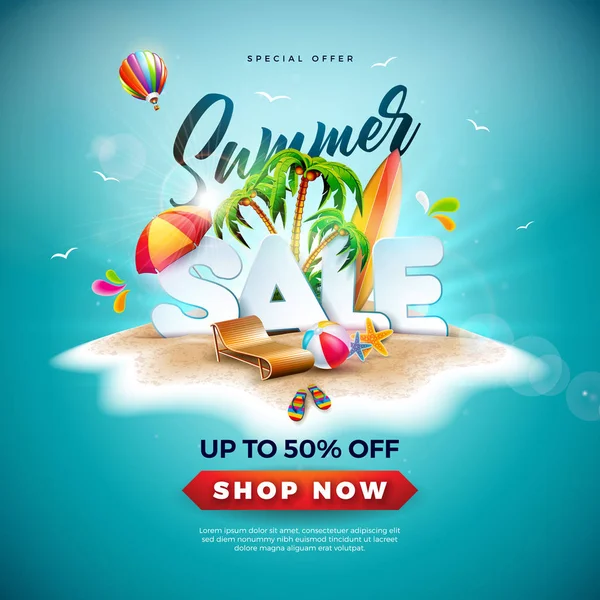 Summer Sale Design with Beach Ball and Exotic Palm Tree on the Foundation of Island. Специальное предложение "Вектор" с праздничным слоганом для купона, ваучера, баннера, флаера, рекламного плаката — стоковый вектор