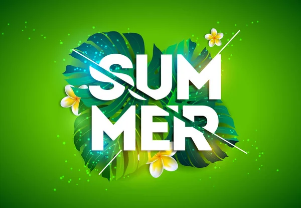 Vector zomer vakantie illustratie met typografie brief en tropische Palm bladeren op groene achtergrond. Exotische planten en Flowe voor banner, flyer, uitnodiging, brochure, poster of wenskaart. Vectorbeelden