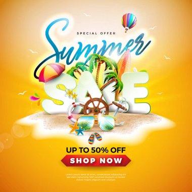 Tropik Ada Arka Planda Güneş Gözlüğü ve Egzotik Palmiye Yaprakları ile Yaz Satış Tasarımı. Kupon, Kupon, Banner, El İlanı, Promosyon Posteri için Tatil Elemanları ile Vektör Özel Teklif İllüstrasyon