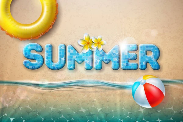 Vector nyári illusztráció a Beach Ball és float a Sandy Ocean háttér. Nyári vakáció design banner, szórólap, meghívó, prospektus, plakát vagy üdvözlőlap. — Stock Vector