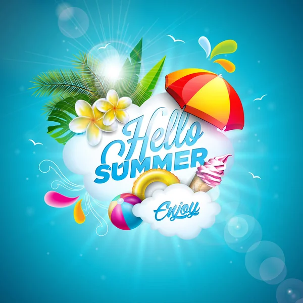 Vector Hello Summer Holiday Illustration with Flower and Beach Ball on Ocean Blue Background. Plantas tropicales, Flotador, Hojas de Palma, Helado y Sombrilla para Banner, Volante, Invitación, Folleto — Archivo Imágenes Vectoriales