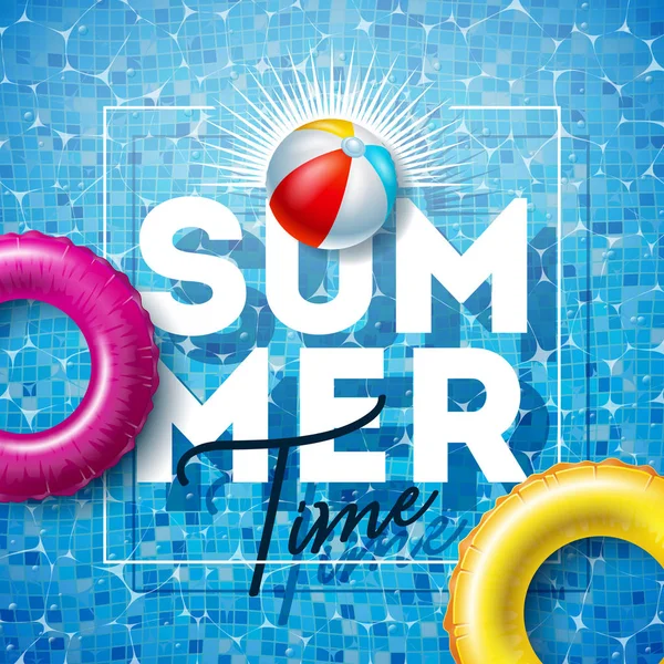 Sommerliche Illustration mit Schwimmer und Beachball auf dem Wasser im Hintergrund des gefliesten Pools. Vektor Sommerurlaub Design-Vorlage für Banner, Flyer, Einladung, Broschüre, Poster oder Grußkarte. — Stockvektor