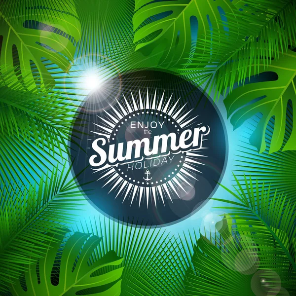 Enjoy the Summer Holiday Illustration with Typography Letter and Tropical Plants on Ocean Blue Background. Vector Design with Exotic Palm Leaves and Phylodendron for Banner, Flyer, Invitation — Stock Vector