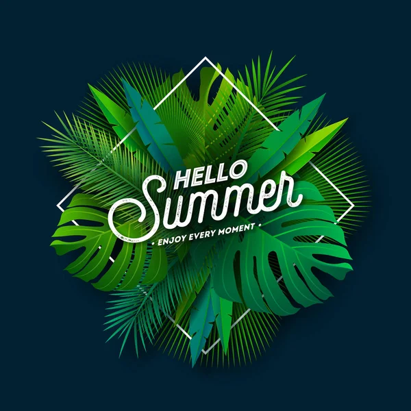 Hello Summer Illustration with Typography Letter and Tropical Plants on Dark Blue Background. Vector Holiday Design with Exotic Palm Leaves and Phylodendron for Banner, Flyer, Invitation, Brochure — Stock Vector