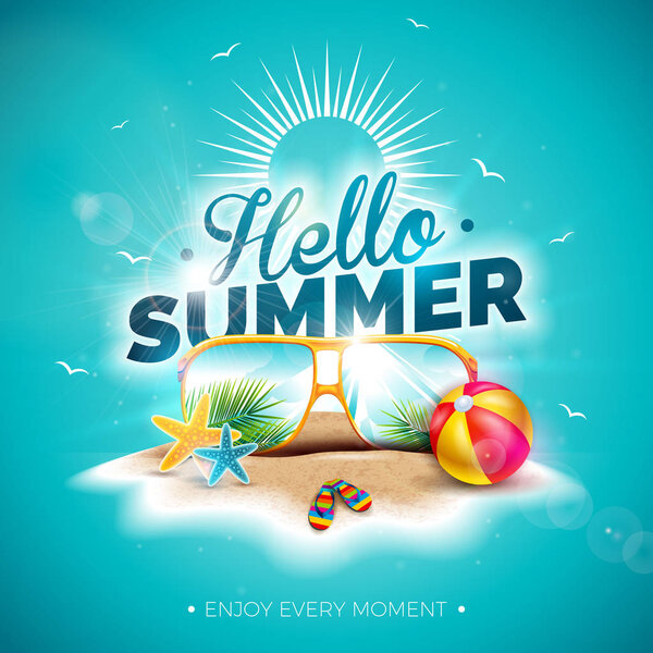 Vector Hello Summer Holiday Illustration with Typography Letter and Sunglasses on Ocean Blue Background. Tropical Plants and Beach Ball on Paradise Island for Banner, Flyer, Invitation, Brochure