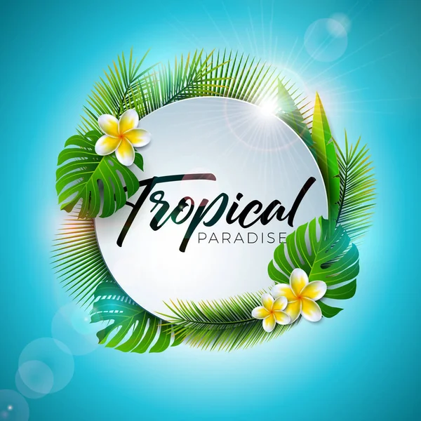 Summer Tropical Paradise Illustration with Typography Letter and Exotic Plants on Blue Background. Vector Holiday Design with Palm Leaves and Phylodendron for Banner, Flyer, Invitation, Brochure — Stock Vector