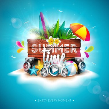 Vektör Yaz Saati Tatil İllüstrasyon Tipografi Mektup ve Vintage Ahşap Kurulu Mavi Arka Plan ile. Tropikal Bitkiler, Çiçek, Plaj Topu, Hoparlör ve Güneşlik Banner, Flyer için Paradise Adası'nda