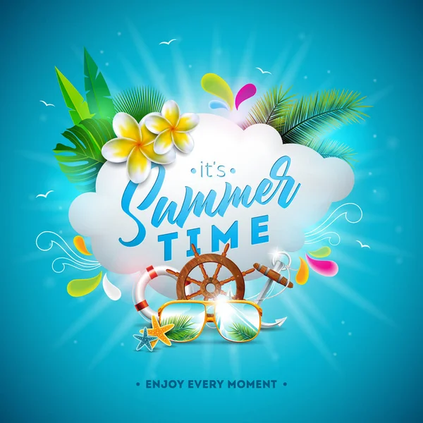 Vector Summer Time Illustration with Flower and Sunglasses on Ocean Blue Background. Tropical Plants, Anchor, Palm Leaves, Ship Steereng Wheel and Cloud for Banner, Flyer, Invitation, Brochure, Poster — Stock Vector