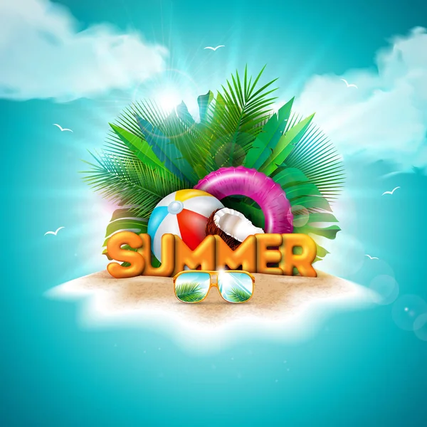 Vektor hallo Sommerurlaub Illustration mit 3D-Typografie Brief auf ozeanblauem Hintergrund. tropische Pflanzen, Blume, Beachball, Kokosnuss, Schwimmer und Sonnenschirm für Banner, Flyer, Einladung, Broschüre — Stockvektor