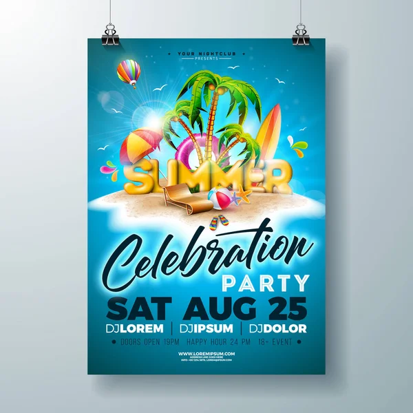 Vector Summer Party Flyer design med 3D Typografi brev och tropiska ön på Ocean blå bakgrund. Sommarsemester semester design mall med badboll och surfa ombord för banner, Flyer — Stock vektor