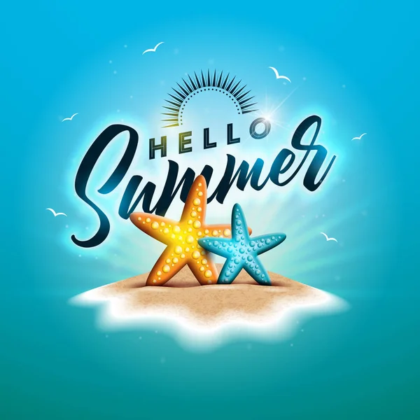 オーシャンブルーの背景にタイポグラフィレターとサングラスで夏休みのイラストをお楽しみください。バナー、チラシ、招待のためのパラダイス島のスターフィッシュとビーチボールとベクターデザイン — ストックベクタ