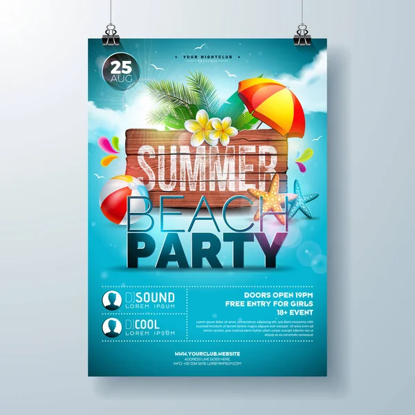 Vector Summer Beach Party Flyer Design avec fleurs, feuilles de palmier et étoiles de mer sur fond bleu océan. Illustration de vacances d'été avec panneau de bois vintage, plantes tropicales et ciel nuageux pour bannière — Image vectorielle