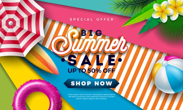 Summer Sale Design with Beach Ball, Sunshade and Exotic Palm Leaves on Colorful Background. Тропический вектор Специальное предложение Иллюстрация с типографикой Письмо для купона, ваучер, баннер, флаер — стоковый вектор