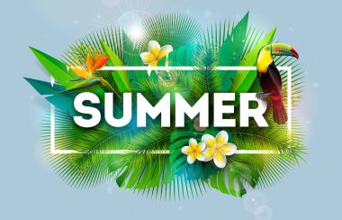 Mavi Arka Plan üzerinde Çiçek ve Toucan Kuş ile Yaz Tatili İllüstrasyon. Egzotik Palmiye Yaprakları ve Banner, Flyer, Davetiye, Broşür, Poster veya Phylodendron ile Vektör Tropikal Tatil Tasarımı