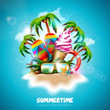 Vektör Summertime Tatil İllüstrasyon Dondurma ile, Flip-Flop ve Ocean Blue Arka Plan Üzerinde Tropikal Palmiye Ağaçları. Banner için Paradise Adası'nda Tipografi Mektup, Lifebelt, Beach Ball ve Surf Board