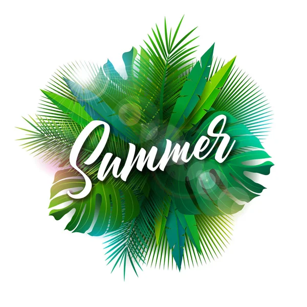 Sommerillustration mit Typografie-Buchstaben und tropischen Pflanzen auf weißem Hintergrund. Vektor-Urlaubsdesign mit exotischen Palmblättern und Phylodendron für Banner, Flyer, Einladung, Broschüre, Poster oder — Stockvektor