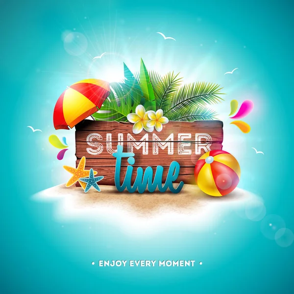 Vector Summer Time Holiday Illustration with Typography Letter on Vintage Wood Board Background. Plantas Tropicais, Flor, Baile de Praia e Sunshade em Paradise Island para Banner, Flyer, Convite — Vetor de Stock