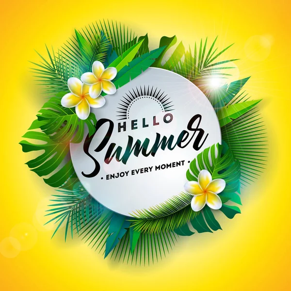 Hello Summer Illustration with Typography Letter and Tropical Plants on Yellow Background. Vector Holiday Design with Exotic Palm Leaves and Phylodendron for Banner, Flyer, Invitation, Brochure — Stock Vector