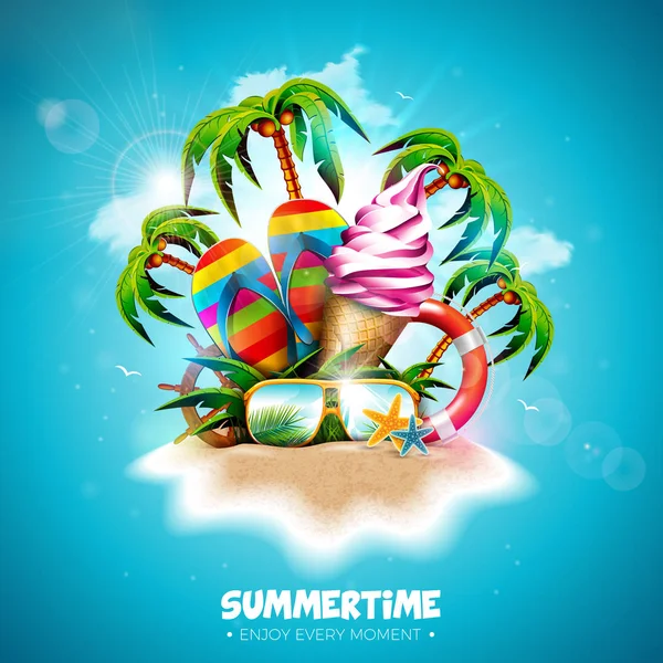 Vektör Summertime Tatil İllüstrasyon Dondurma ile, Flip-Flop ve Ocean Blue Arka Plan Üzerinde Tropikal Palmiye Ağaçları. Banner için Paradise Adası'nda Tipografi Mektup, Lifebelt, Beach Ball ve Surf Board