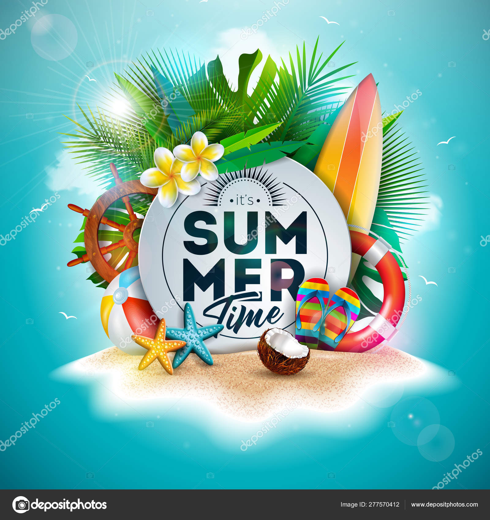 Free Vector  Summer time text on illustrated beach