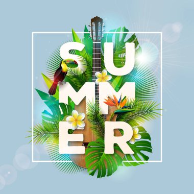 Mavi Arka Plan üzerinde Toucan Bird, Papağan Çiçek ve Akustik Gitar ile Yaz Tatil Tasarımı. Tropikal Bitkiler, Egzotik Palmiye Yaprakları ve Banner, Flyer için Phylodendron ile Vektör İllüstrasyon