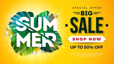 Egzotik Palmiye Yaprakları ve Plastigrafi Mektubu Sun Sarı Arka Plan ile Yaz Satış Tasarım. Kupon, Fiş, Banner, El İlanı, Promosyon Posteri ile Tropikal Vektör Özel Teklif İllüstrasyon