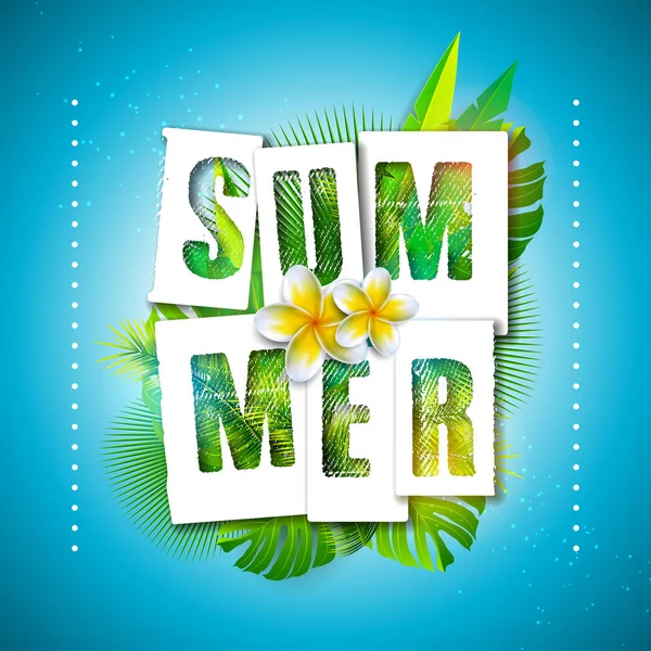 Vector zomer vakantie illustratie met typografie brief en tropische Palm bladeren op oceaan blauwe achtergrond. Exotische planten en bloem voor banner, flyer, uitnodiging, brochure, poster of wenskaart. — Stockvector