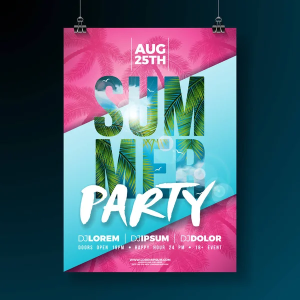 Vector Summer Party Flyer Design con fiori e foglie di palma tropicale su sfondo astratto. Illustrazione delle vacanze estive con piante esotiche e lettera tipografica per banner, volantino, invito o — Vettoriale Stock