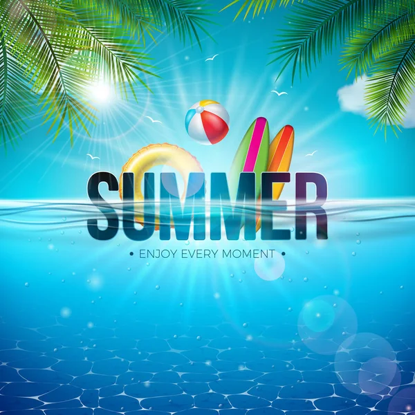 Vektor-Sommer-Illustration mit Strandball, Palmblättern, Surfbrett und 3D-Typografie-Buchstaben auf blauem Meeresgrund. Realistisches Sommerferiendesign für Banner, Flyer, Einladung — Stockvektor