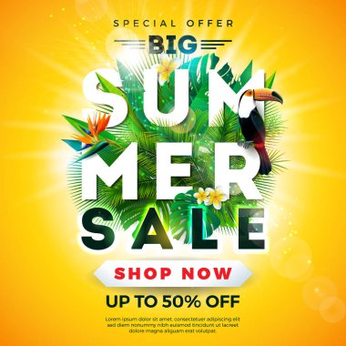 Çiçek, Plaj Tatil Elemanları ve Ocean Blue Arka Plan Egzotik Yaprakları ile Yaz Satış Tasarım. Kupon, Fiş, Banner, El Ilanı için Özel Teklif Tipografisi ile Tropikal Çiçek Vektör İllüstrasyon