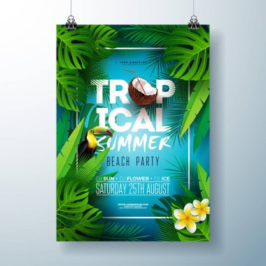Çiçek, hindistan cevizi, palmiye yaprakları ve mavi arka plan üzerinde toucan kuş ile Tropikal Summer Beach Party Flyer Tasarım. Doğa çiçek elemanları, tropikal bitkiler ile Vektör Yaz Kutlama Tasarım şablonu