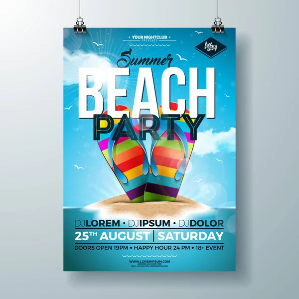 Vector Summer Party Flyer Design con infradito colorate e isola tropicale su sfondo blu oceano. Modello di design per feste estive con lettera tipografica per banner, volantino, invito — Vettoriale Stock