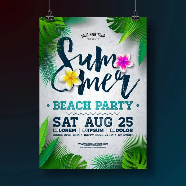 Vector Summer Beach Party Flyer Design con fiori e foglie di palma tropicale su sfondo bianco. Illustrazione delle vacanze estive con piante esotiche e lettera tipografica per banner, volantino, invito o — Vettoriale Stock