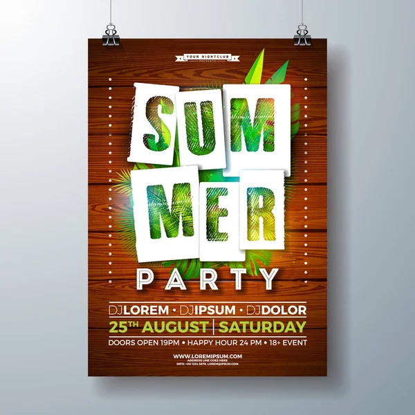 Vector SummerParty Flyer Design con foglie di palma tropicale e carta taglio tipografia lettera su sfondo Vintage legno. Illustrazione delle vacanze estive con piante esotiche per banner, volantino, invito — Vettoriale Stock