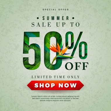 Toucan Kuş, Tropikal Palmiye Yaprakları ve Yeşil Arka Plan Üzerinde Çiçek ile Yaz Satış Tasarım. Kupon, Kupon, Banner, El İlanı, Promosyon için Yaz Tatili Unsurları ile Vektör Özel Teklif İllüstrasyon