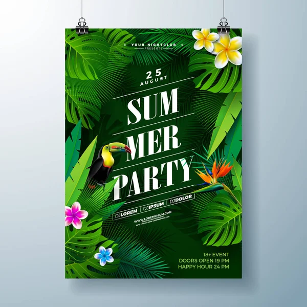 Summer Party Flyer Design con fiori, foglie di palma tropicale e uccello tucano su sfondo verde. Vector Summer Beach Celebration Modello di design con elementi floreali della natura, piante tropicali e — Vettoriale Stock