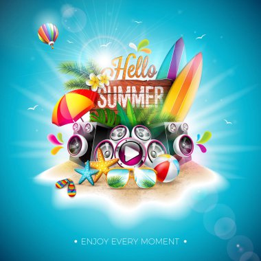 Vektör Merhaba Yaz Tatili İllüstrasyon Tipografi Mektup ve Vintage Ahşap Kurulu Mavi Arka Plan ile. Tropikal Bitkiler, Çiçek, Plaj Topu, Hoparlör ve Güneşlik Banner için Paradise Adası'nda