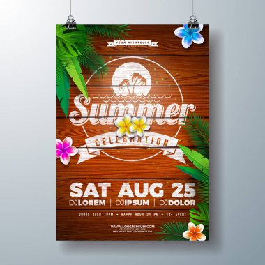 Vintage Ahşap Arka Plan Çiçek ve Tropikal Palmiye Yaprakları ile Vektör Yaz Partisi El İlanı Tasarımı. Egzotik Bitkiler ve Banner, El İlanı, Davetiye veya Tipografi Mektubu ile Yaz Tatili İllüstrasyon
