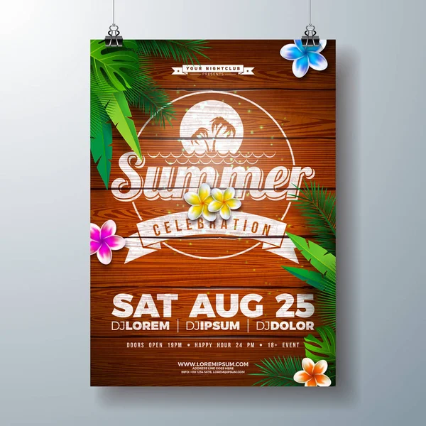 Vector Summer Party Flyer Design avec fleurs et feuilles de palmiers tropicaux sur fond de bois vintage. Illustration des vacances d'été avec plantes exotiques et typographie Lettre pour bannière, prospectus, invitation ou — Image vectorielle