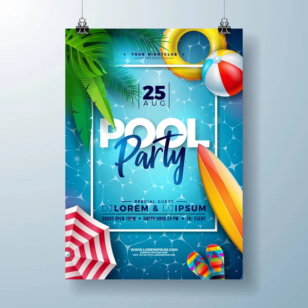 Summer pool party poster design template with palm leaves, water, beach ball and float on blue ocean landscape background. Vector holiday illustration for banner, flyer, invitation, poster. — Stock Vector