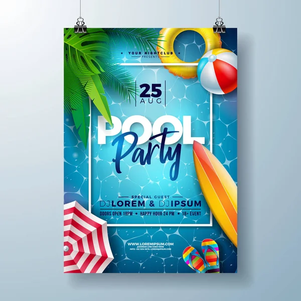 Palmiye yaprakları, su, plaj topu ve mavi okyanus manzara arka plan üzerinde yüzer ile Yaz havuzu parti poster tasarım şablonu. Afiş, el ilanı, davetiye, poster için vektör tatil illüstrasyon.