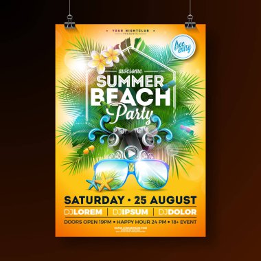 Yaz Beach Parti Flyer Tasarım çiçek, can kurtaran ve sarı arka plan üzerinde güneş gözlüğü ile. Doğa çiçek elemanları, tropikal bitkiler ve yazım hatası harf ile Vektör Yaz Kutlama Tasarım şablonu