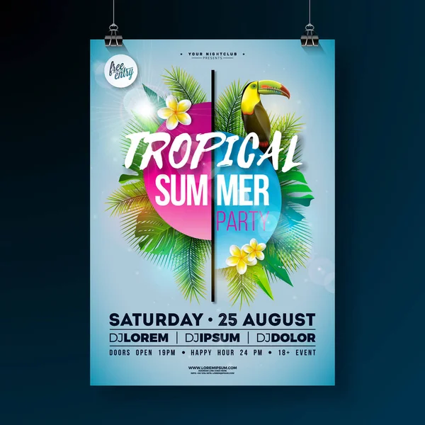 Tropical Summer Party Flyer design med blomma, palmblad och Toucan Bird på blå bakgrund. Vector Summer Beach firande designmall med natur blommiga element, tropiska växter och — Stock vektor