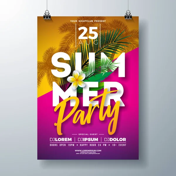 Vector Summer Party Flyer Design avec fleurs et feuilles de palmiers tropicaux sur fond rose et jaune. Illustration de fête d'été avec plantes exotiques et lettre de typographie pour bannière, dépliant — Image vectorielle