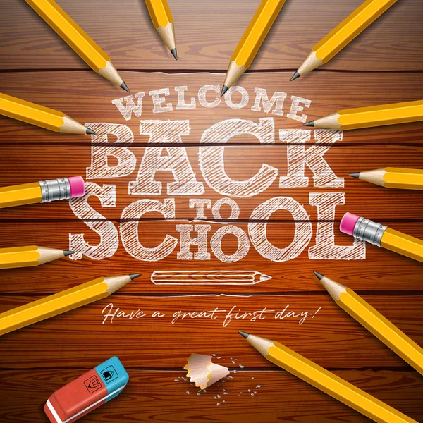 Terug naar school ontwerp met grafiet potlood en typografie belettering op vintage hout textuur achtergrond. Vector school illustratie voor wenskaart, banner, flyer, uitnodiging, brochure of promotionele Rechtenvrije Stockillustraties