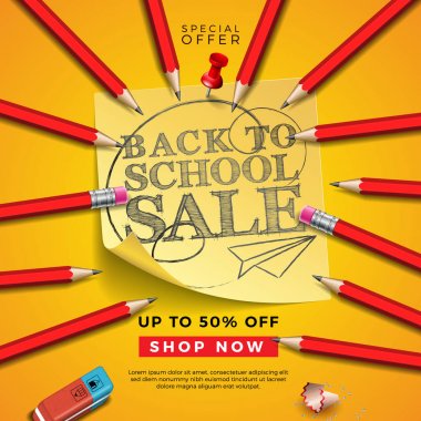 Back To School Sale Design ile Grafit Kalem, Silgi ve Yapışkan Notlar Sarı Arka Plan üzerine. Kupon, Fiş, Afiş, El İlanı, Poster için Özel Teklif Tipografi Elemanları ile Vektör İllüstrasyon