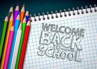 Kare ızgara kitapçık arka plan üzerinde renkli kalem ve tipografi harfi ile okul tasarımı geri döndü. Tebrik kartı, afiş, el ilanı, davetiye, broşür veya