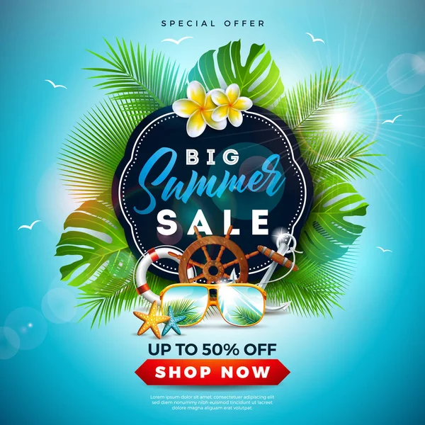 Design de venda de verão com flor, elementos de férias na praia e folhas exóticas no fundo azul do oceano. Ilustração de Vetor Floral Tropical com Tipografia de Oferta Especial para Cupom, Voucher, Banner, Flyer — Vetor de Stock